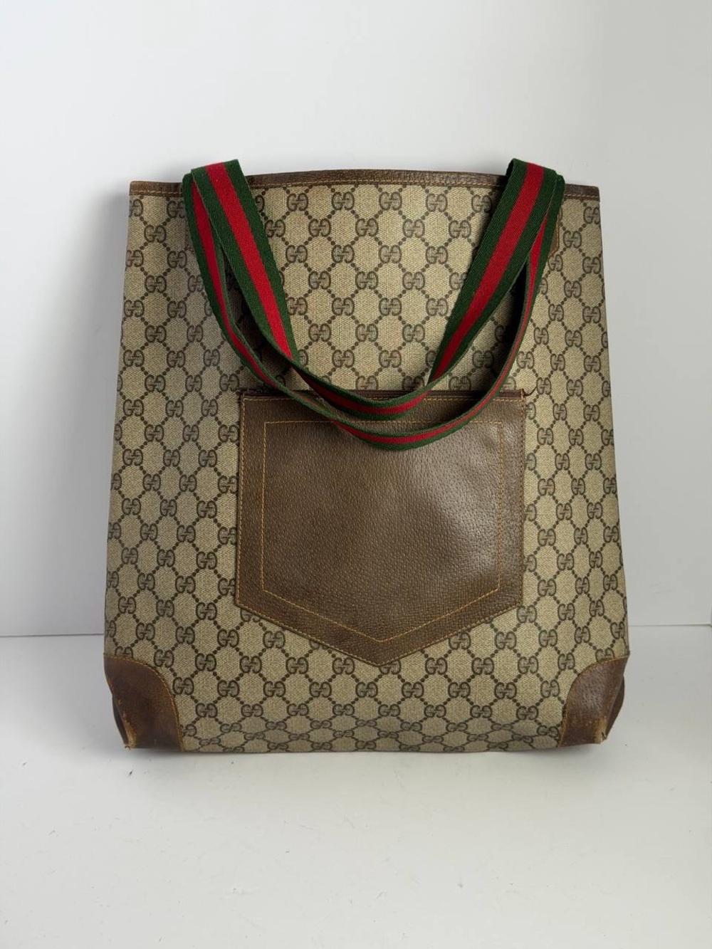 Vintage Gucci GG Supreme Monogram Tote Bag Web Stripe Handles